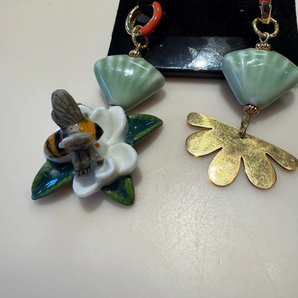 Whimsical Mismatched Bee & Flower Statement Earrings One of‎ a Kind Artisan